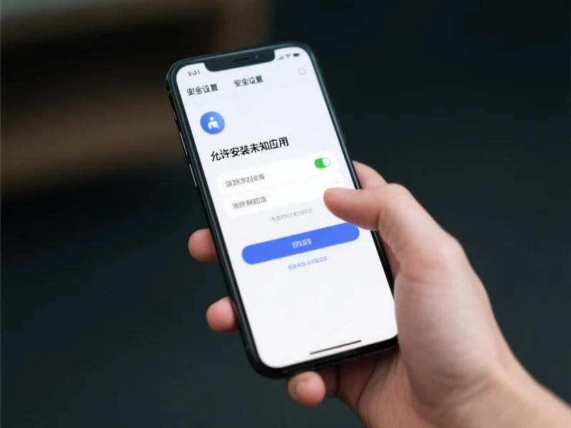 一只手正操作手机安全设置界面,屏幕上显示“允许安装未知应用”选项