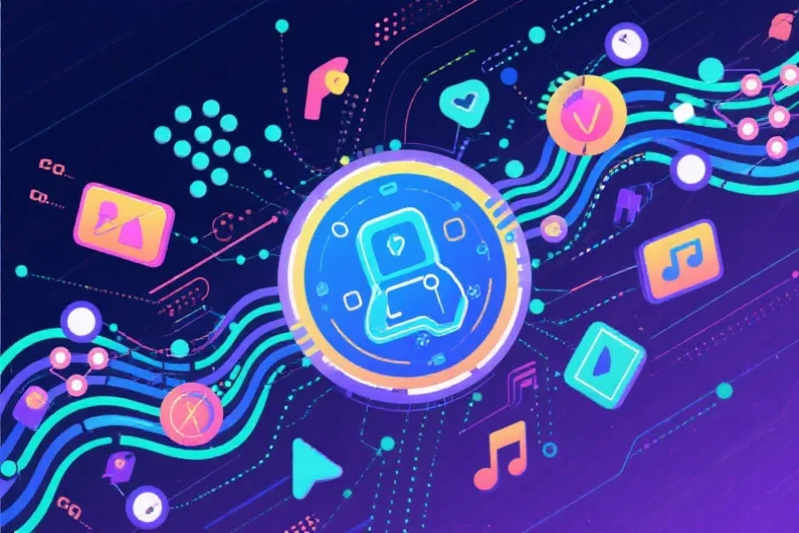 抽象风格的数据流、算法符号和娱乐元素融合在一起，象征人工智能驱动的内容推荐